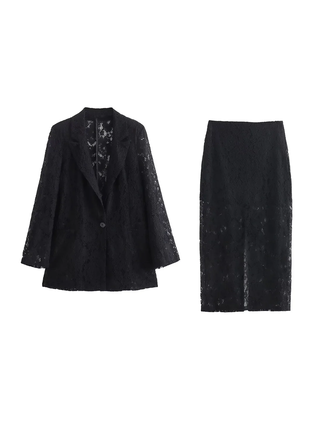 Office Elegant Black Lace Co Ord Set Work Wear Outfit Single Button Blazer And Back Slit Hem Midi Skirt Sets Womens 2 Piece 2024