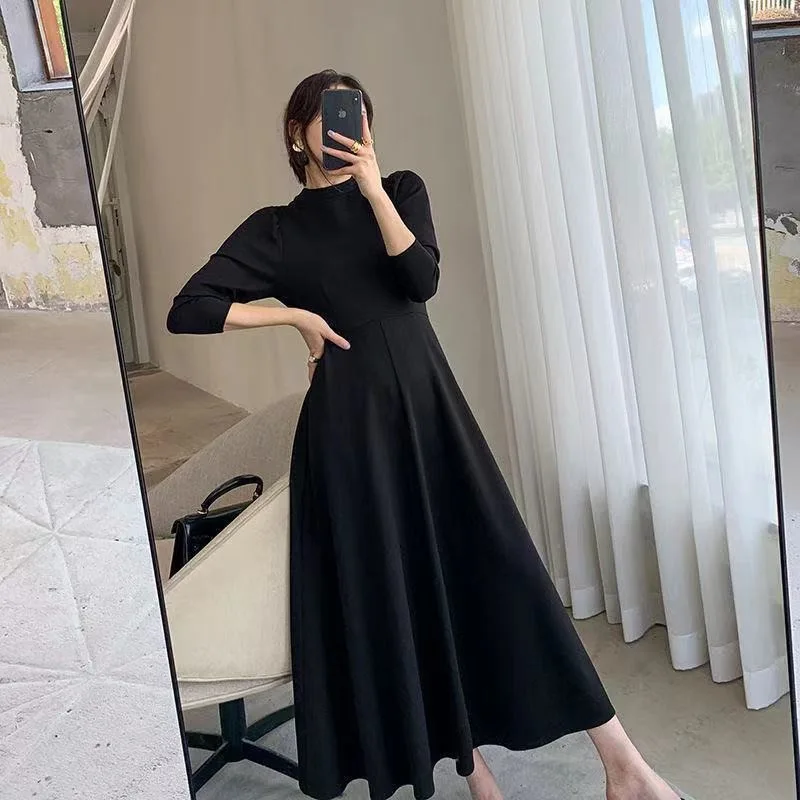 Elegant Fashion Harajuku Slim Fit All Match Women\'s Clothing Loose Casual Mid Length Skirt Solid Patchwork Long Sleeve Dresses