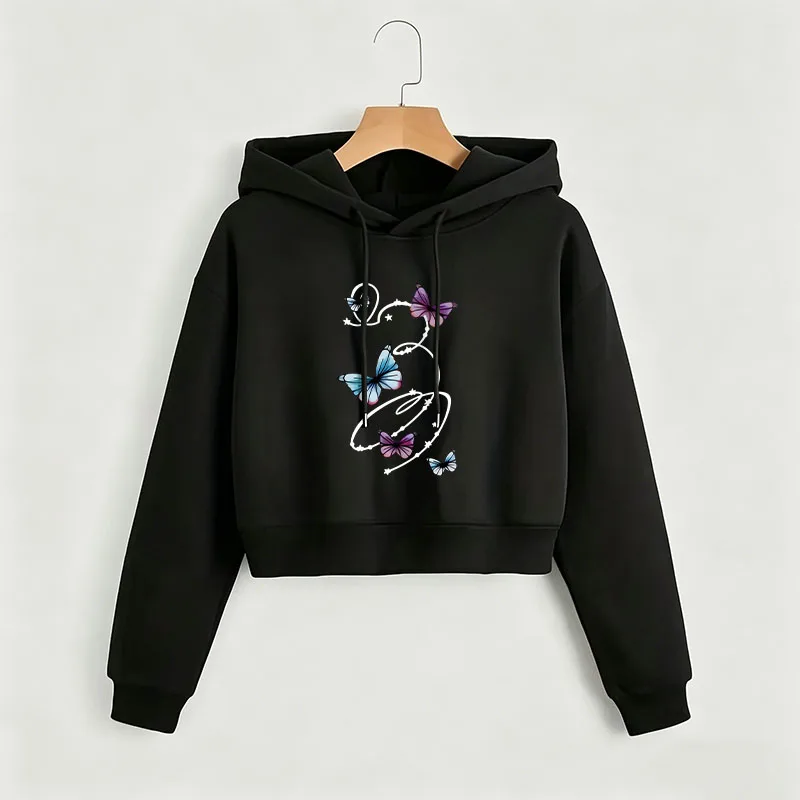 

Harajuku Butterfly Print Autumn Winter Cropped Sweatshirt Crop Top Hoodie Y2k Sweatshirts Gothic Casual Style Clothes