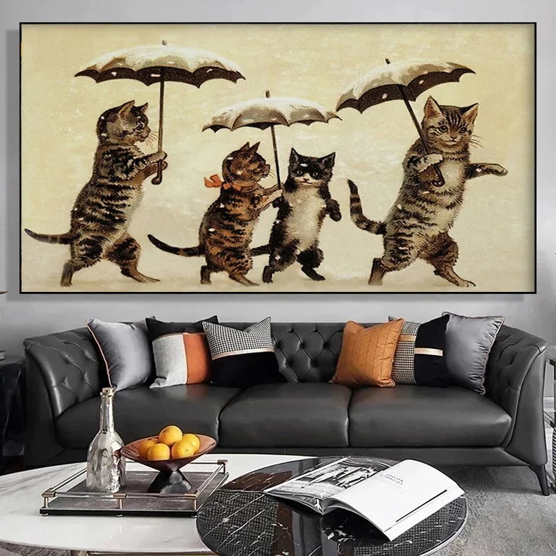 Cats With Umbrella Walking in Snow Canvas Painting Animals Posters and Prints Modern Wall Art Picture For Living Room Home Decor