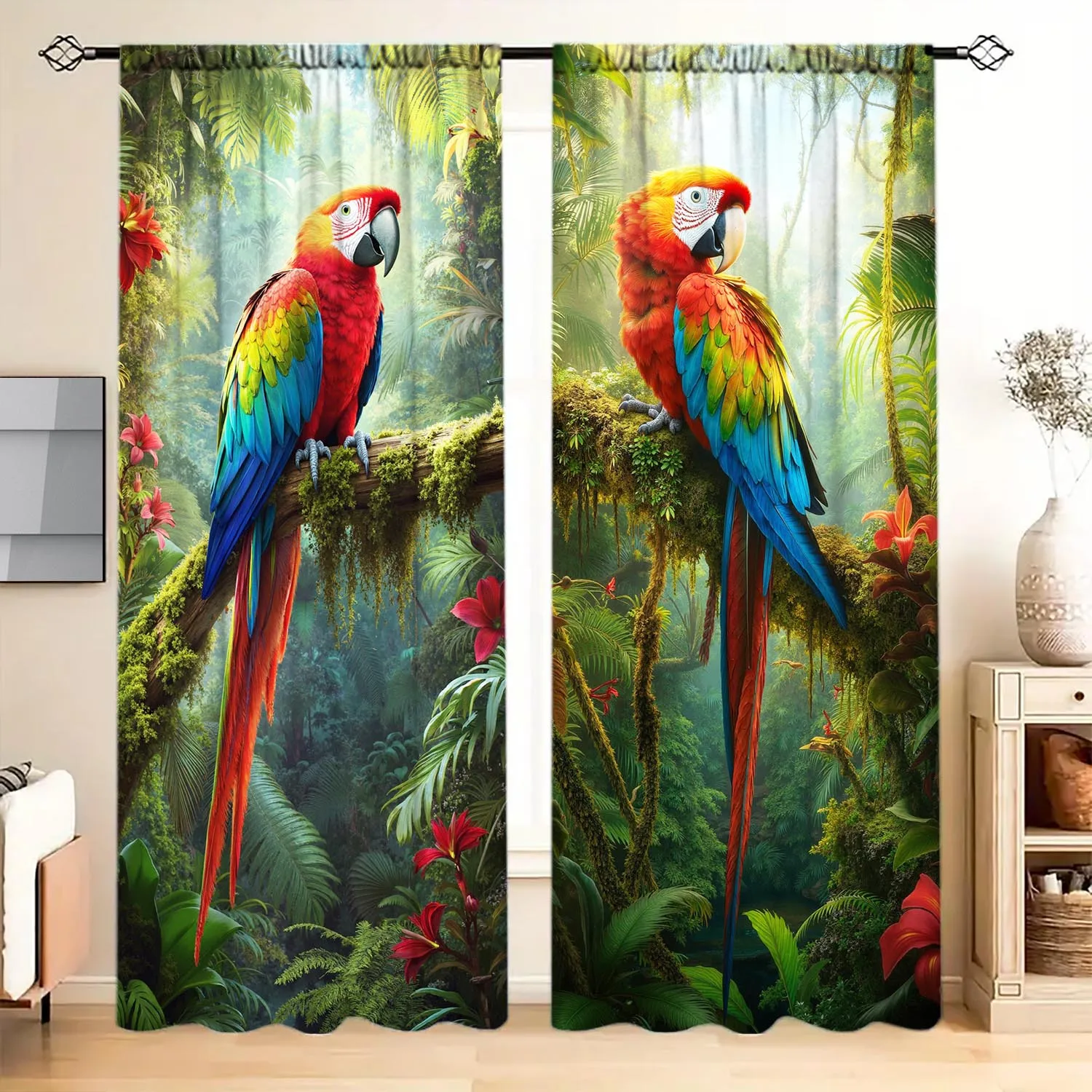 Tropical Rainforest Jungle Curtains Macaw Parrot Nature Window Decor Botanical Print Polyester Curtains for Home