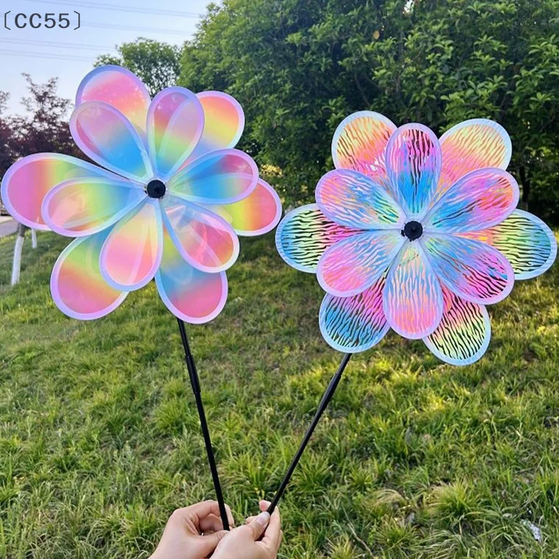 〔CC55〕1 Piece Double Layer Color Film Color Changing Dazzling Windmill Rotating Wind Spinner Stake Standing Lawn Flower Pinwheel