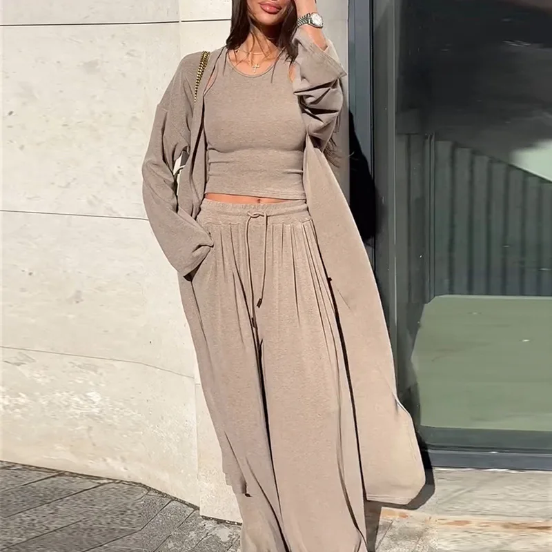 

Street Cardigan Pants Three Piece Set Spring Women Long Sleeves Coat+sleeveless Vest+High Waist Loose Wide Leg Pants Autumn Suit