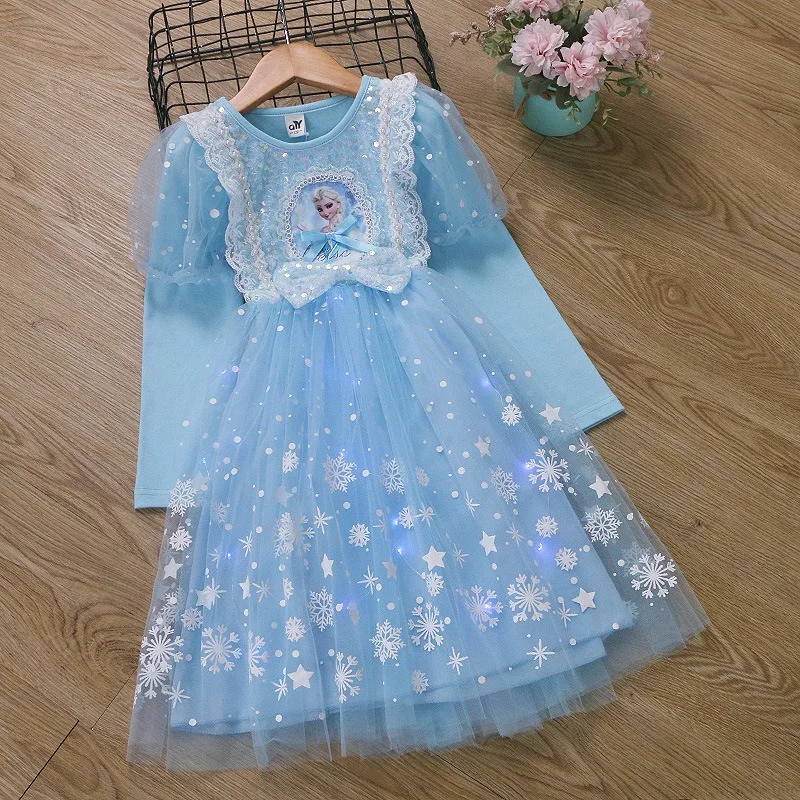 New Spring Autumn Kids Girl Dress Long Sleeves Round Collar Frozen Cartoon Princess Elsa Halloween Clothing Q2302