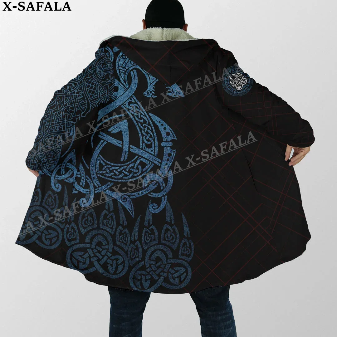 Symbol Tattoo Raven Odin Viking Mythology Thick Warm Hooded Cloak Men Overcoat Coat Windproof Fleece Cape Robe Hooded Blanket-13