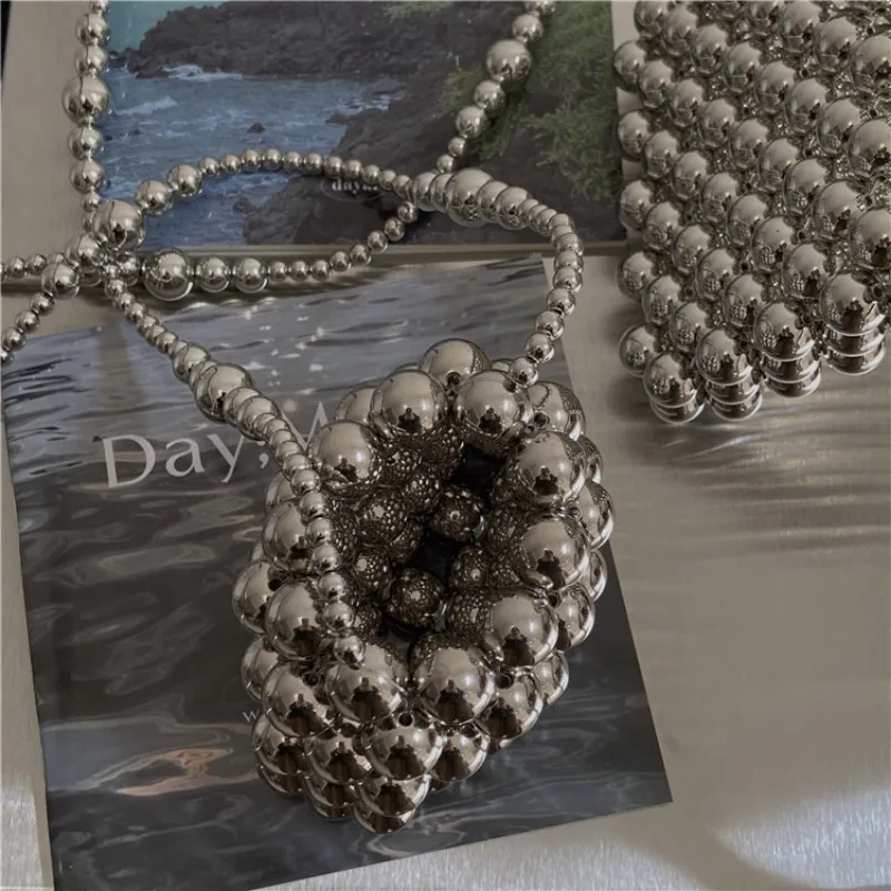 DIY Premium Metal Silver Crossbody Bag DIY Handmade Woven Beaded Bag Handheld One Shoulder Mini Cute Small Pearl Chain Bag