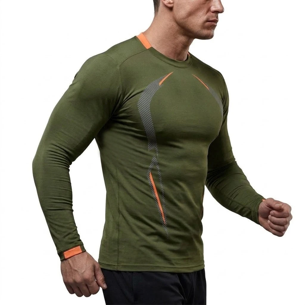Herren-Langarmshirt, schnelltrocknend, sportlich, für Fitnessstudio, Workout, eng anliegend, schmal geschnitten, atmungsaktiv, für Bodybuilding und Sport. – Detail 9
