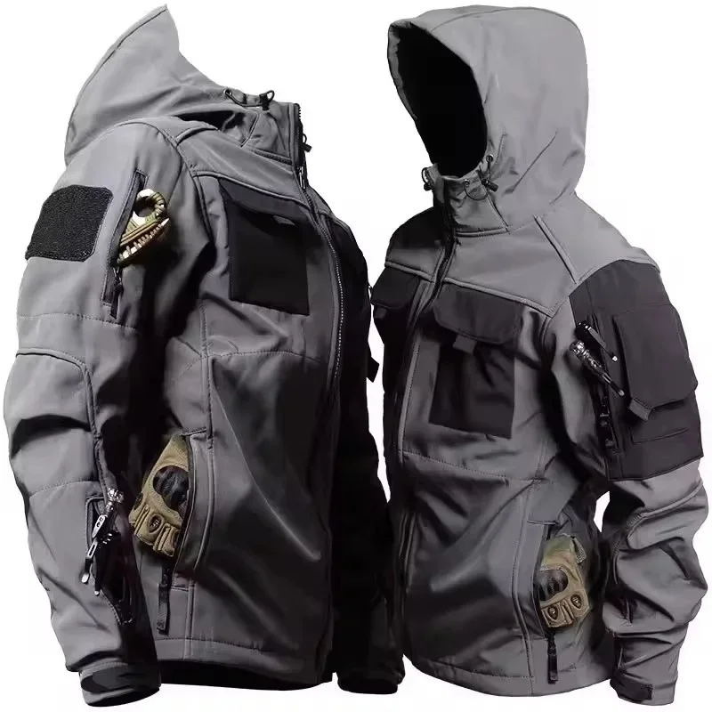 Men's outdoor functional tactical jacket, autumn and winter waterproof and windproof soft shell, multi-pocket hooded military