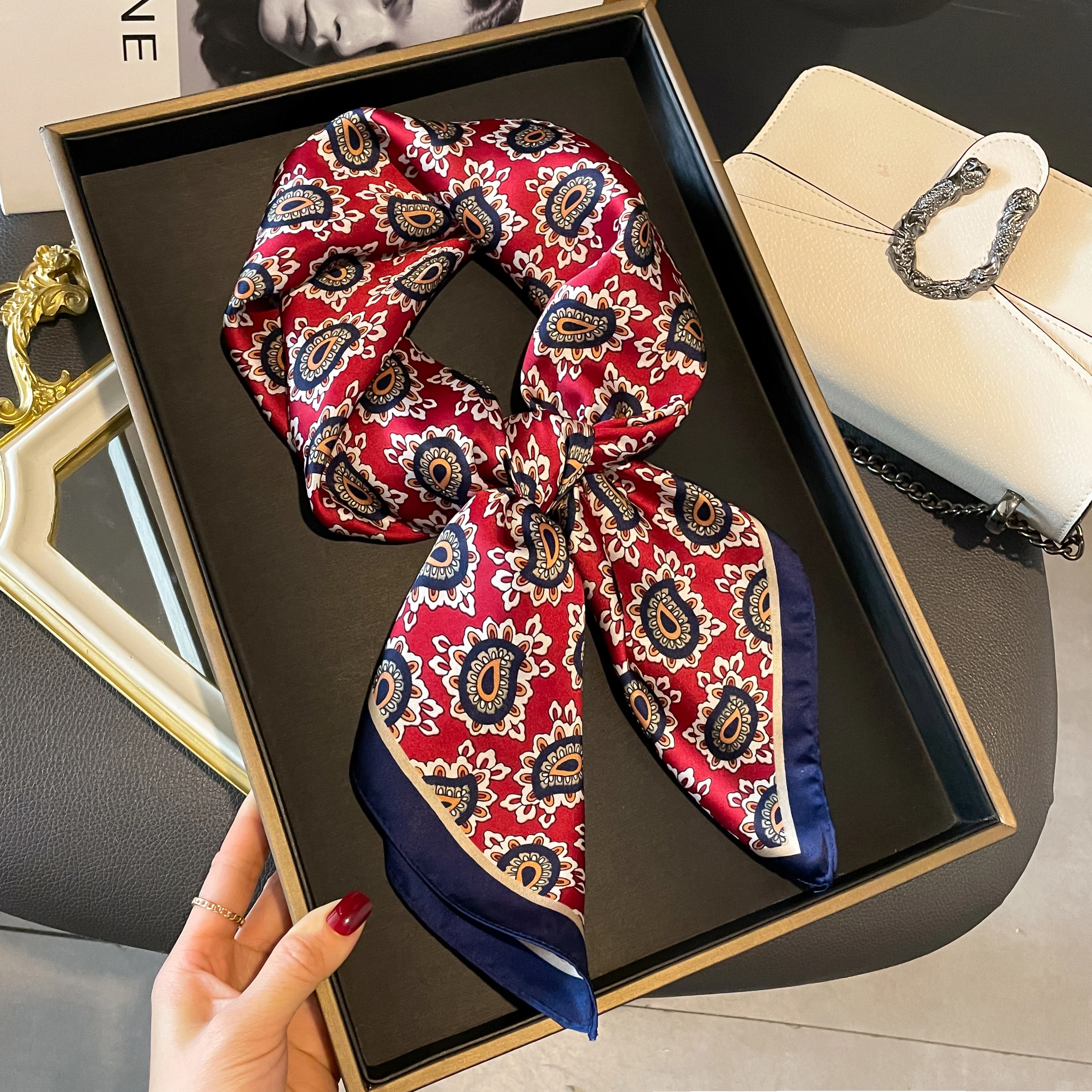 Vintage Red Paisley Square Scarf 70×70cm, Women Silky Satin Bandana, Retro Floral Print Neck Scarf for Daily Office Bag Decor