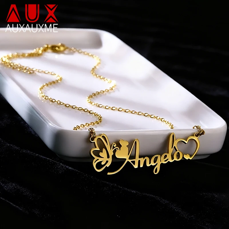 

Auxauxme ожерелье с именем бабочки на заказ для женщин из нержавеющей стали, классический кулон в форме сердца, воротник, ювелирное изделие на день рождения, подарок