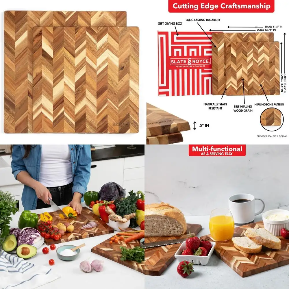 

Acacia Wood Herringbone Cutting Board Set - 2 Piece Kitchen Boards with Gift Box - Large and Small Wooden Chopping Boards