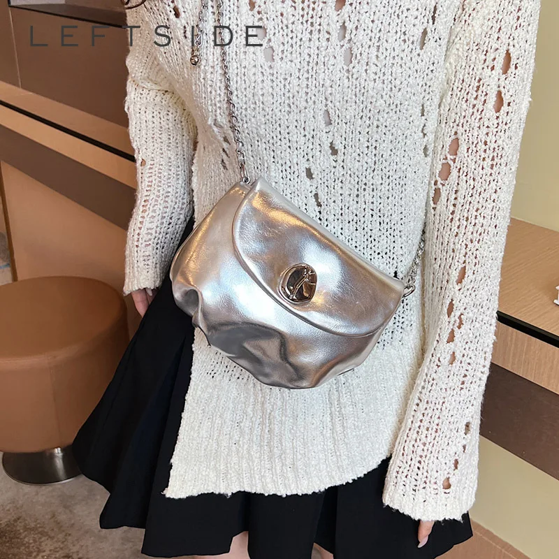 LEFTSIDE Silver leather Crossbody Bags For Women 2023 Korean Fashion Luxury Mini Handbags and Purses Lady Chain Flap Bag