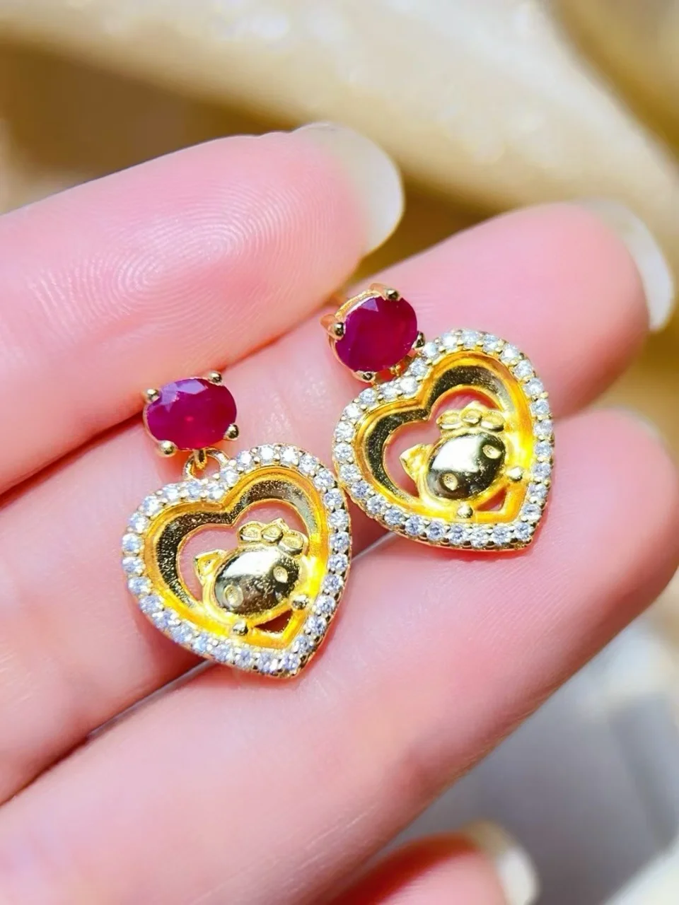 Certificate 925 Sterling Silver Mozambique Natural Ruby Heart Ear Drop Dangle For Ladies Luxury Gold Love Earrings Fine Jewelry