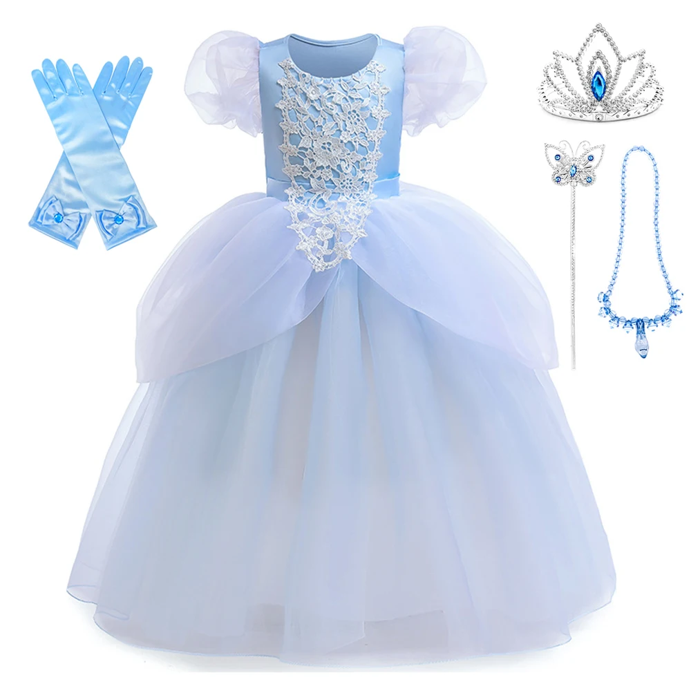 Girl Cinderella Princess Dresses Girls Blue Lace Stitching Bubble Sleeve Halloween Dress Up Kids Birthday Party for 3-10Y