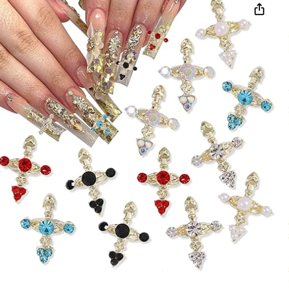 10Pcs Halloween Cross Nail Charms 3D Alloy Retro Dark Style Nail Art Decoration Cross Skull Scary Cos Play DIY Nail Parts