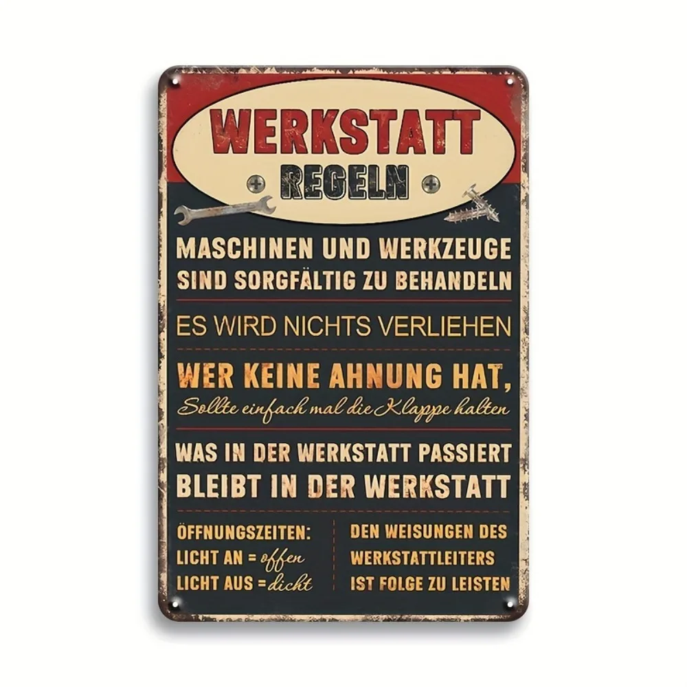 German Werkstatt Regeln Vintage Metal Workshop Sign Waterproof Distressed Red Black Iron Wall Art 30.48x20.32cm Decor Gift For G