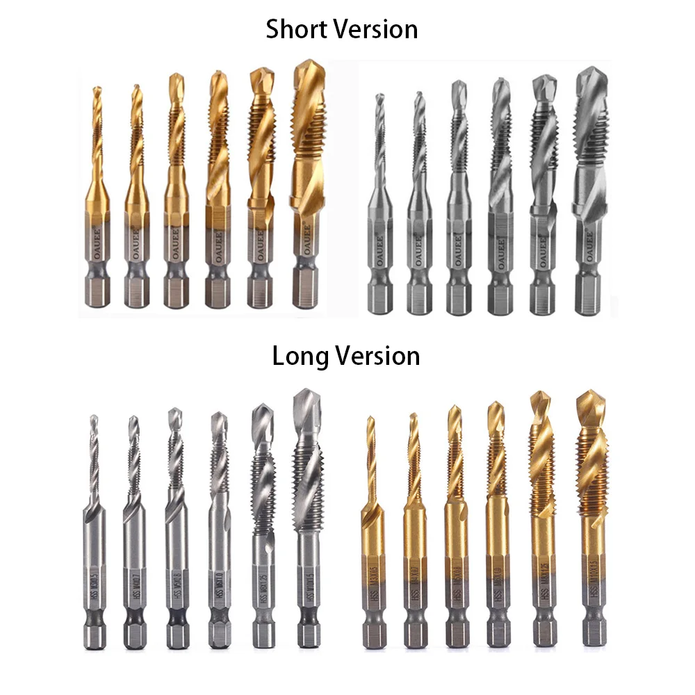 6 Pcs New Hex Shank Tap Drill Bit Set M3 To M10 High Speed Steel Titanium Coated Spiral Taps for Open Hole Tapping Hand Tools