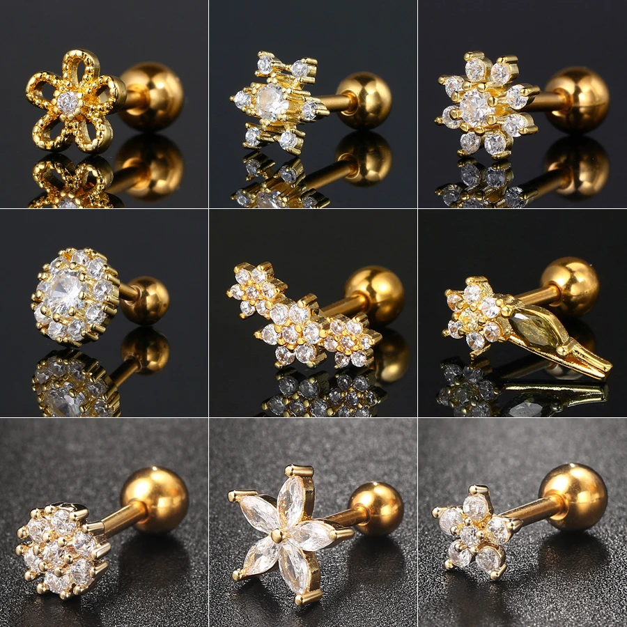 1pc Cartilage Piercing Stud Earring For Women Mini Zircon Flower Fashion Piercing Helix Tragus Ear Accessories Body Jewelry Gift