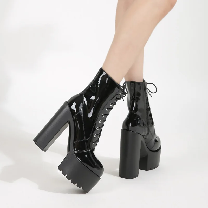 Female Ankle Boots Round Toe Block High Heel 14cm Platform Zipper Lace Up Plus Size 43 Mature Party Booty Patent Leather Botines