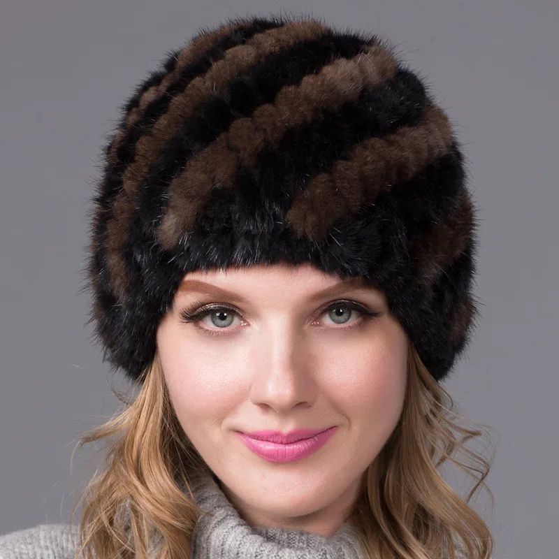 

New European and American Pineapple Beanies Fashionable Woven Women's Winter Thick Mink Fur Ear Protection Warm Hat