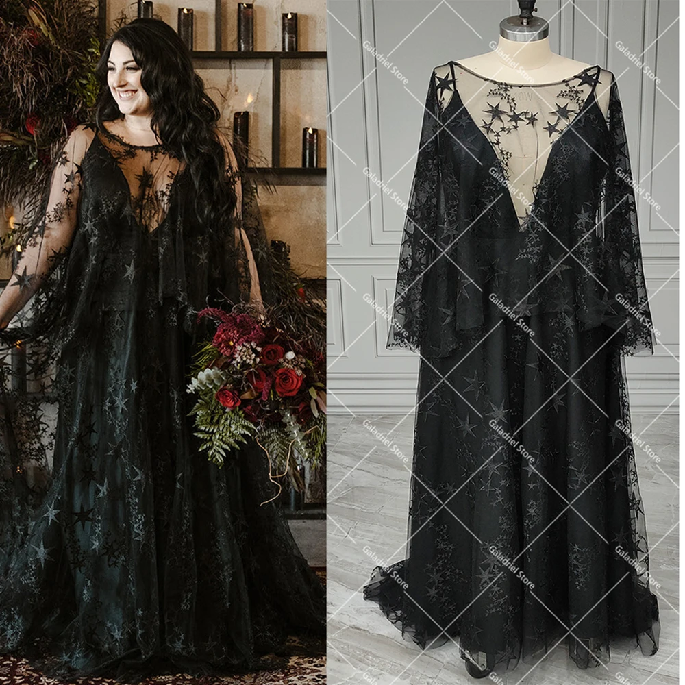 Black Celestial Star Batwing Sleeves Cocktail Dress Maxi A Line Styled Photography Illusion V Neck Beach Homecoming Evening Gown