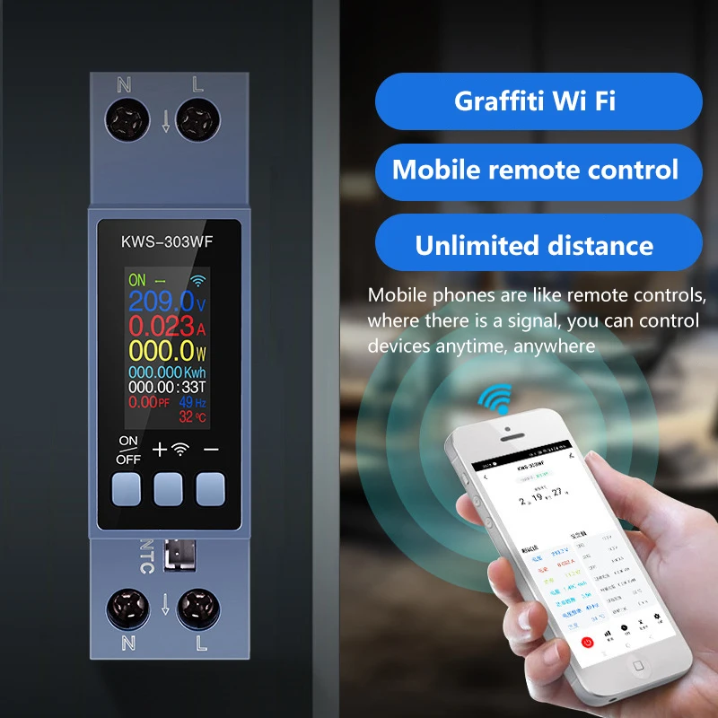 Tuya WiFi Power Meter Din Rail 2P AC Energy Meter APP Control 85-290V/40A Voltage Current Meter Electricity Consumption Meter