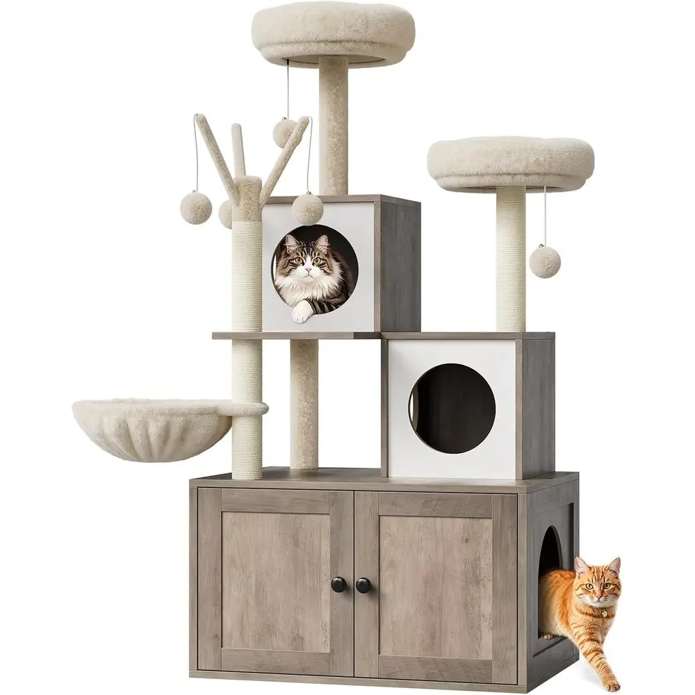 Litter Box Enclosure with Cat Tree Tower and Condo Hidden Cat Washroom | Sisal Scratching Post & Sot Plush Perch Wooden Cat urni