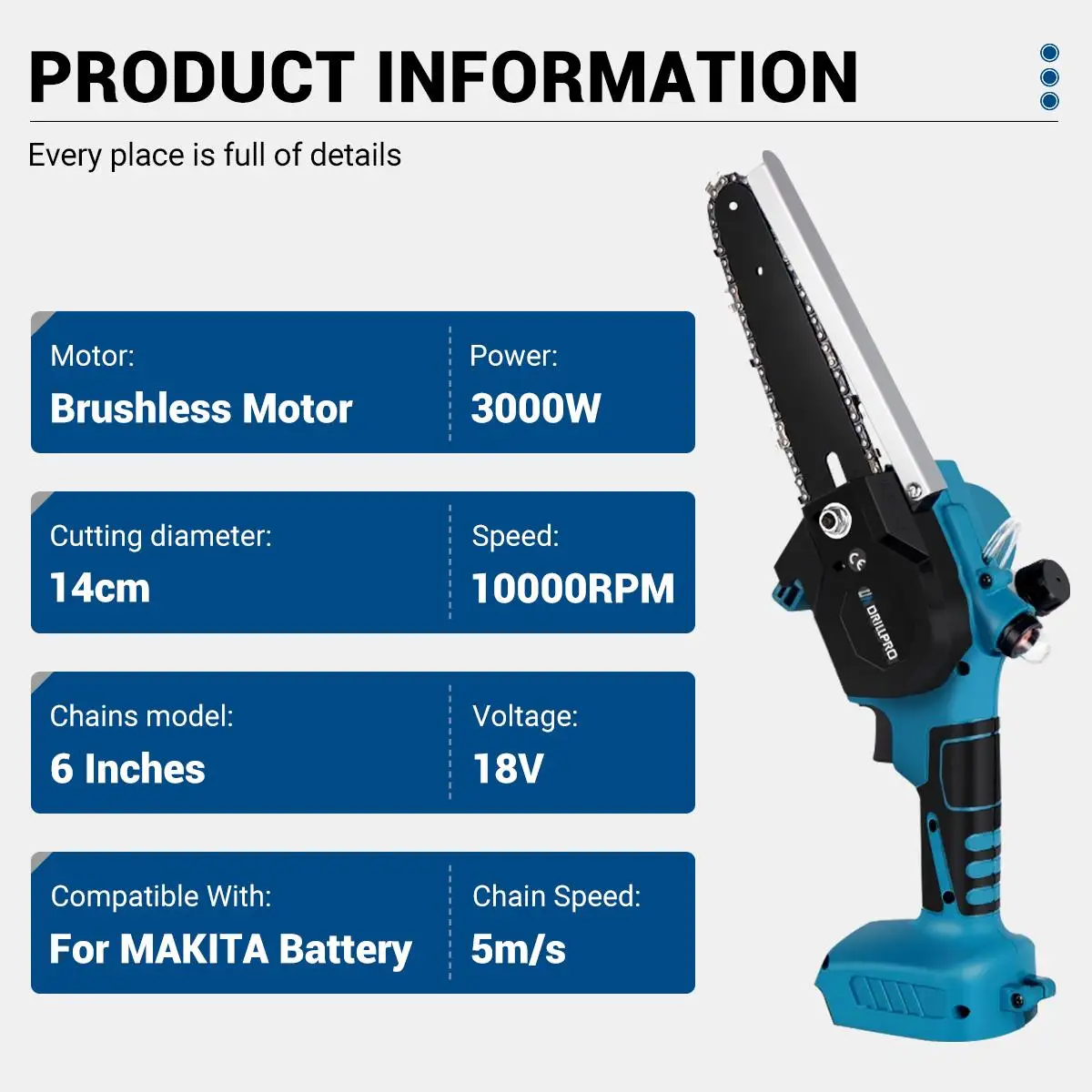 Drillpro 6 inch 3000W Brushless Electric Pruning Saw Oiler Handheld Cordless Saw Woodworking Power Tool For Makita 18V Battery