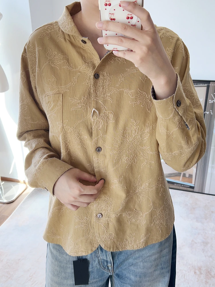 

Ретро-рубашка с вышивкой и воротником-куклой, длинный рукав, женская, горчично-желтая, весна-осень, универсальная, повседневная, из чистого хлопка