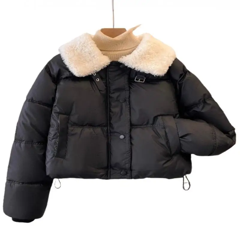 Frauen Winter Kurze Puffer Jacke Dicke Baumwolle Mantel mit Lamm Pelz Kragen Mode Oberbekleidung Nette Kawaii Trendy Neue