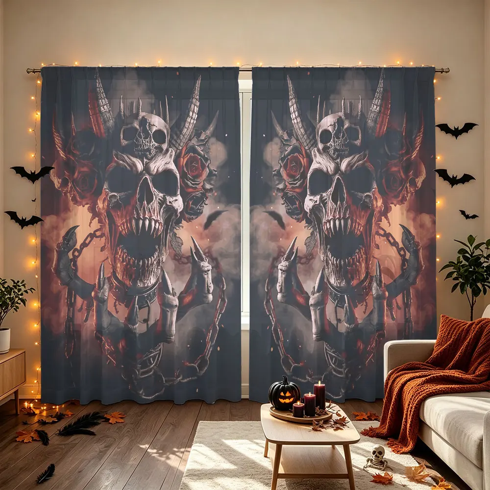 2Pcs Gothic Evil Spirit Skeleton Rose Print Rod Pocket Curtains, Blackout Privacy Window Curtains For Living Room Bedroom, Do