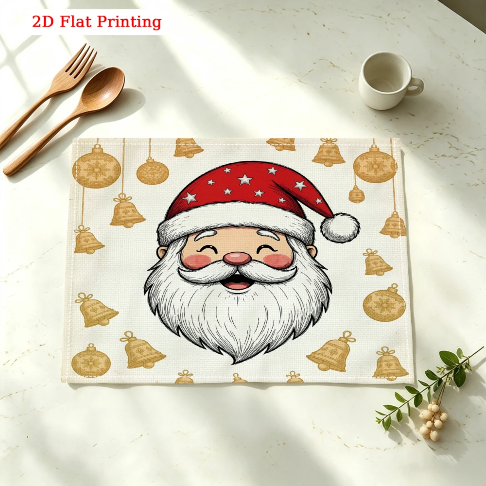Santa Claus With Golden Bells Kitchen Placemat Coaster Linen Pad Dish Coffee Cup Table Mat 30x40cm Home Decor