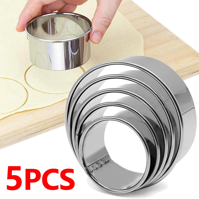 5pcs DIY Cake Pastry Baking Cutting Maker Tools Round Biscuit Mold Stainless Steel Dumpling Skin Cutting Mould Kitchen Gadgets