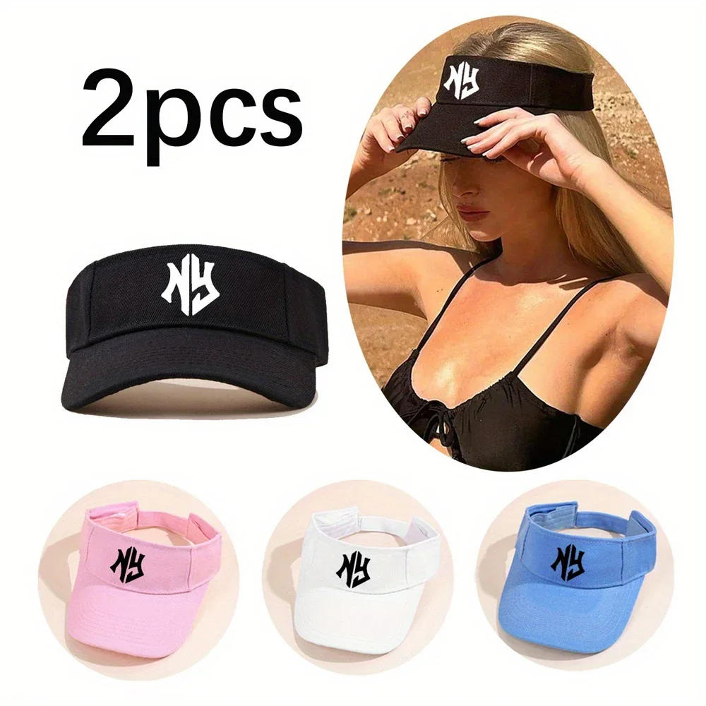 2pcs/1pc Sports Visor Hats NY Letter Printing Women Men Adjustable Empty Sun Top Hat Visor for Tennis Baseball Golf Athletic Cyc