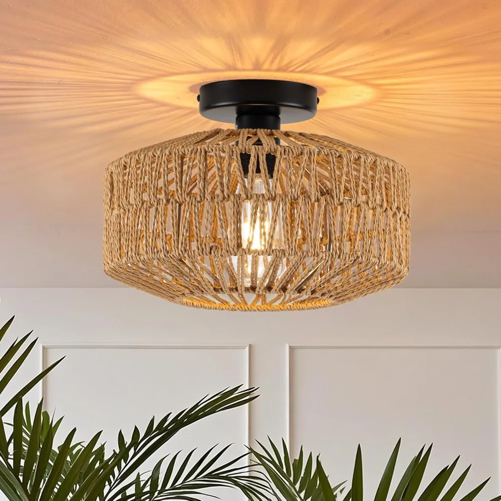 Boho Rattan Ceiling Light Hand-Woven Rattan Flush Mount Fixture Fixture for Farmhouse Hallway Bedroom Living Room