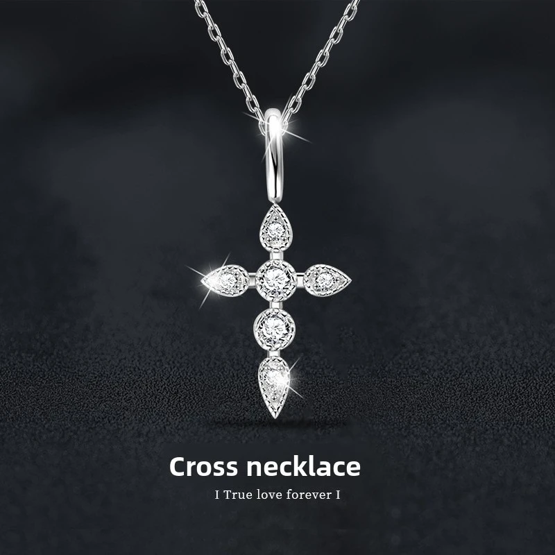 

Moissanite Cross Pendant Necklace 925 Silver - Fine Jesus Women's Jewelry, Christening Gift, Bridal Necklace