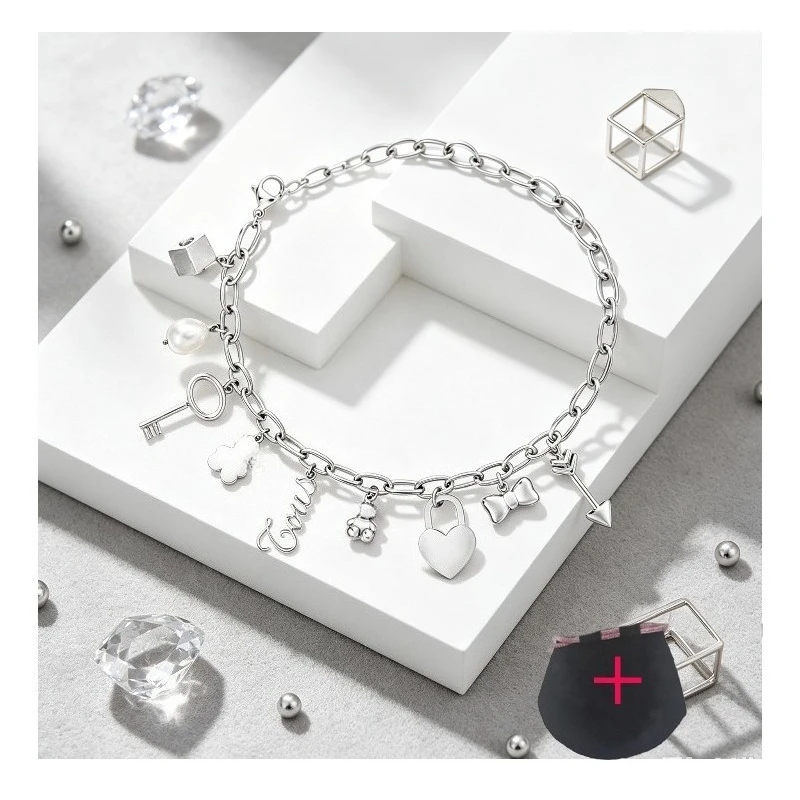 Silver Multi Charms Chain Bracelet Bear Heart Lock Key Bow Pearl Dice Arrow Pendant Adjustable Link Wrist Jewelry Gift For Women Girls