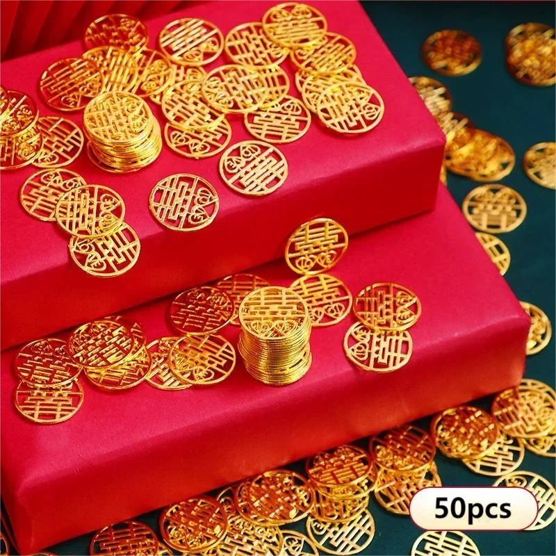 50pcs Metal Happy Word Coins Chinese Wedding Coin Ornaments Marriage Room Decorations Banquet Party Supplies Home Deocrative