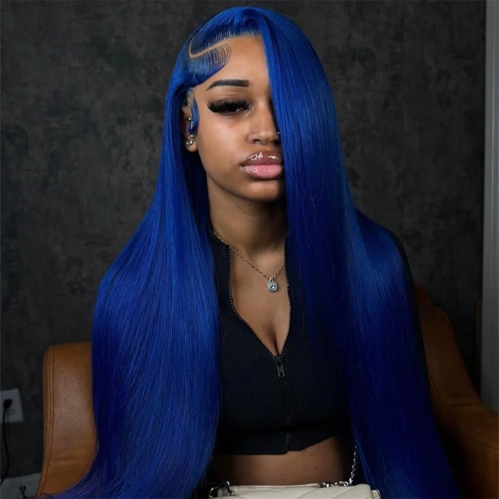 High Quality  Navy Blue 13X6 Straight Lace Front Human Hair Wigs On Sale 13X4 hd Brazilian 30 Inch Royal Blue Colored Lace Front