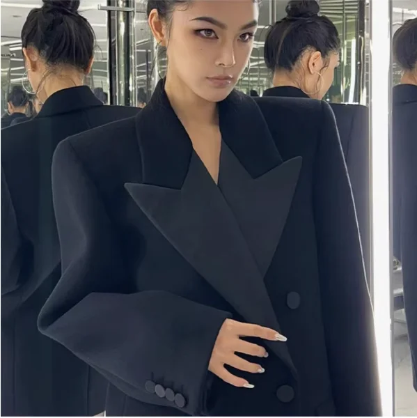 Hepburn Style Black Blazer Jacket Women Autumn New Vintage Casual High Quality Woolen Padded Shoulder Mid Length Suit Coat G709