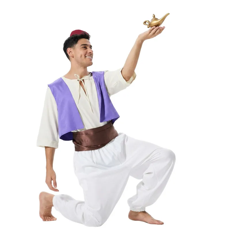 Men Fantasy Movie Party Costume  Aladdin Prince Costume ForHalloween Cosplay Set Hat & Magic Lamp Props Carnival Performance view 3