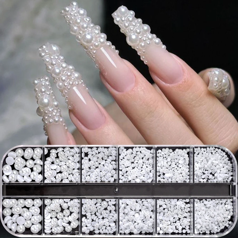 12 شبكات ثلاثية الأبعاد الأبيض نصف جولة اللؤلؤ الكرة مسمار السحر 1.5/2/2.5/3/4/5 مللي متر مختلط اللؤلؤ حبة مسمار الفن الراين DIY بها بنفسك مانيكير لوازم #2