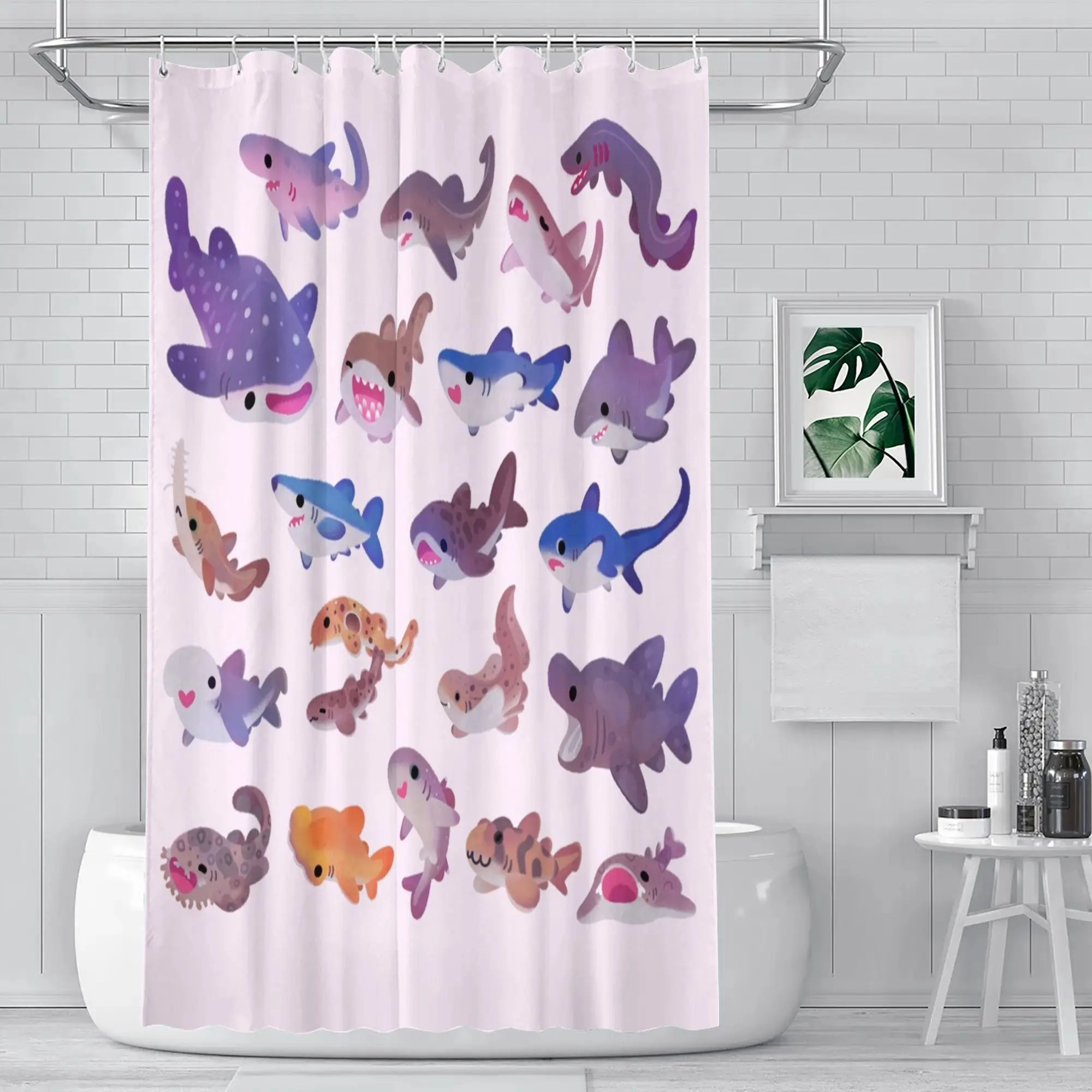 

Pastel Shark Collection Shower Curtain Cute Kawaii Sharks on Soft Pink Background Polyester Ocean Decor