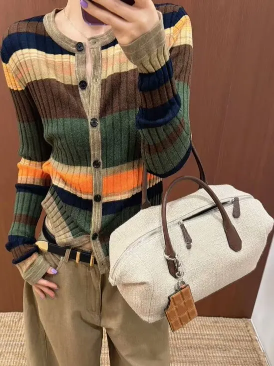 Loose Fit Women's Knitted Cardigan Sweater round Neck Striped Casual Style Long Sleeve Autumn Outerwear plus Size Slimming Top