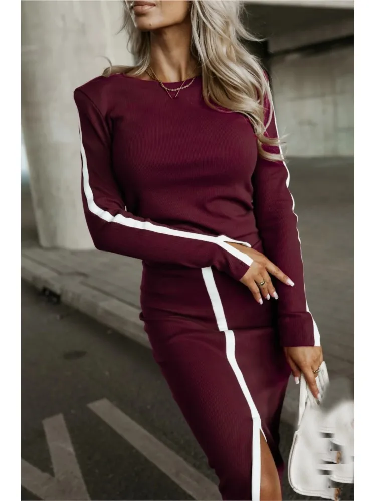 2025 Spring Autumn Elegant Sexy High Slit Skirts Outfit Women Long Sleeve Matching Sets Casual Solid Patchwork Ladies Suits New image 2