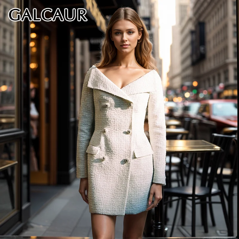 

GALCAUR Spliced Pocket Dresses For Women Slash Neck Long Sleeve High Waist Double Breasted Elegant Mini Dress Female Fashion New