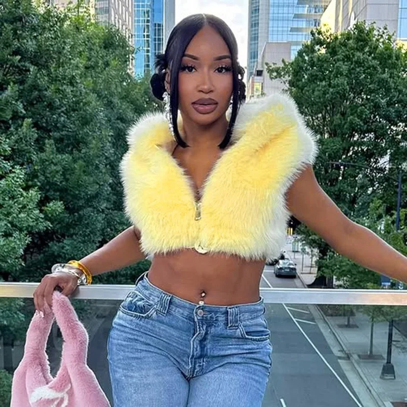 

Women's Fashion Solid Color Fur Zipper Hooded Sleeveless Crop Top Short Jacket