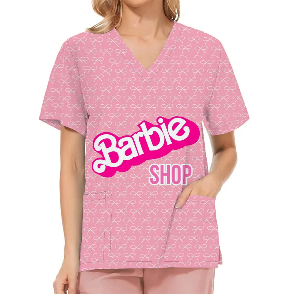 

Nurse Uniforms Women Barbie Print V-neck Scrubs Working Medical Blouse Overalls Uniforms Medical Nursing Spa Pet Dentistry Pink