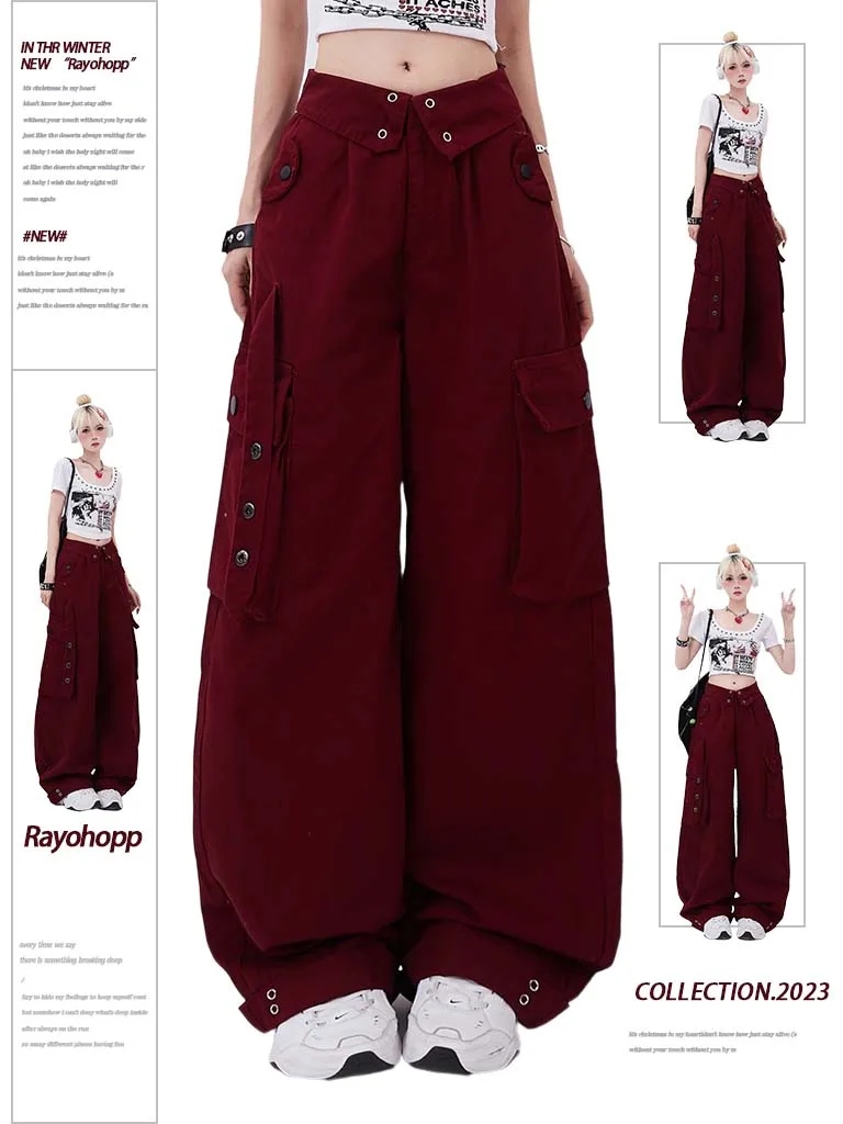 Dophee Candy Color Cargo Pants Wpmen Autumn American Street Multi Pocket Edge Curl Waist Spice Girls Straight Dance Trousers