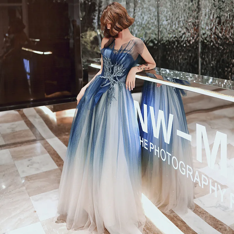 Gradient Blue Strapless Evening Dress Women Appliques Sequin Backless A-line Homecoming Dresses Exquisite Elegant Banquet Gown